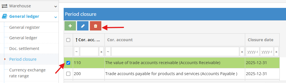 Deleting period closure record in General Ledger
